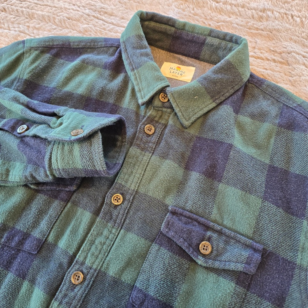 Marine Layer Mens Marge Green Navy Buffalo Check Double Faced Flannel Shirt L